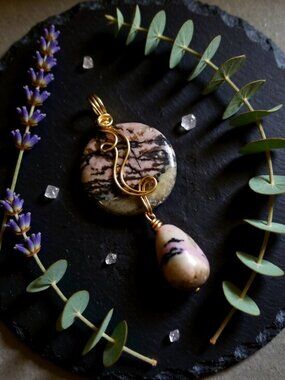 Handmade: Blush ~ Pale Pink ~ Tiger Striped Rhodonite ~ Wire Wrapped Pendant